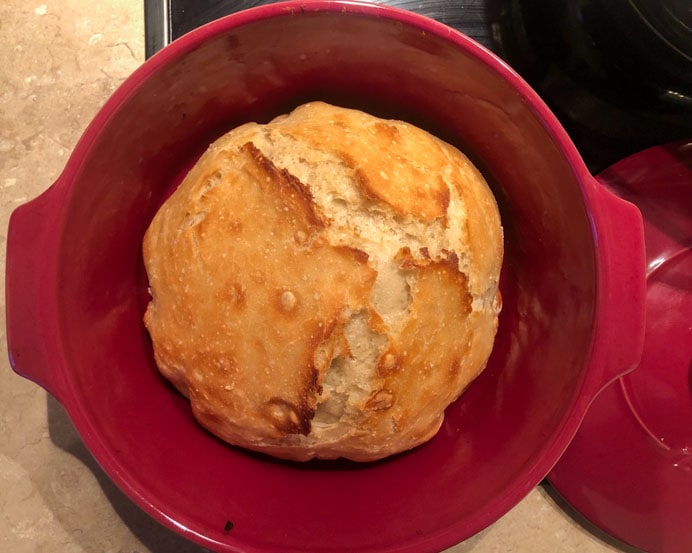 No-knead bread recipe cooked in a Dutch oven.