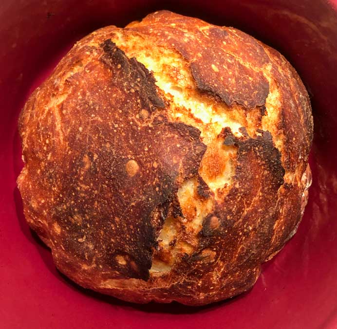 No-knead bread recipe cooked in a Dutch oven.