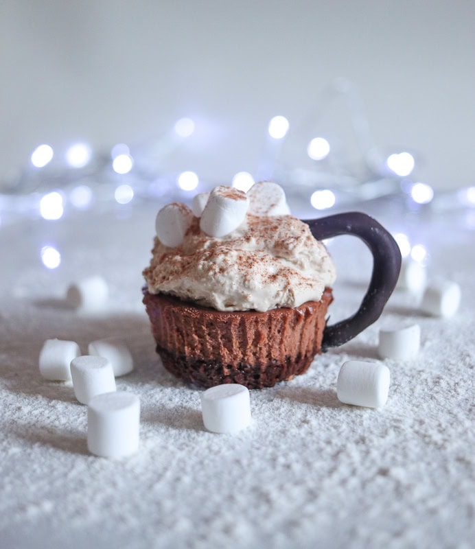 Hot chocolate mini cheesecake recipe. These cheesecake bites look like cups of hot chocolate topped with marshmallow and dusted with chocolate.