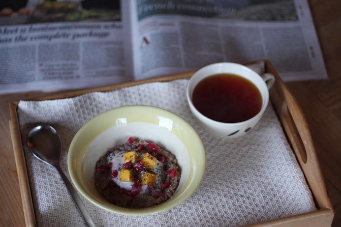 Quinoa porridge recipe served with tea