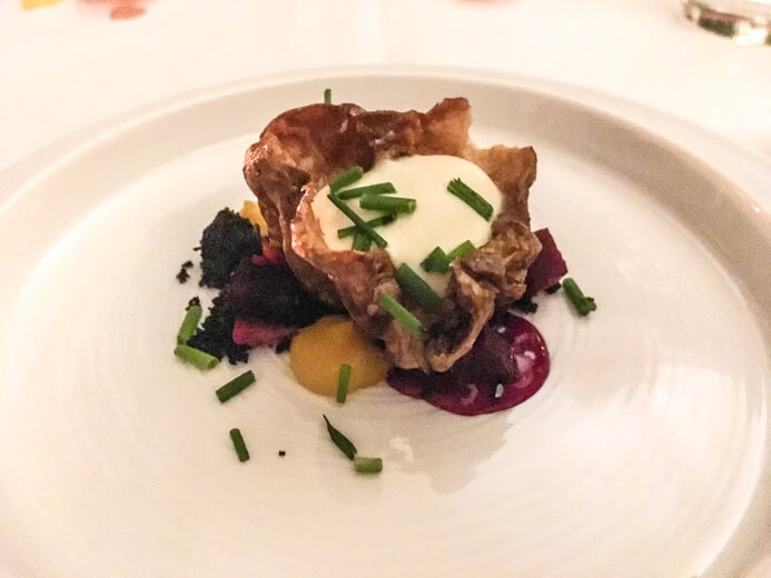 Longueville House Restaurant review - the Valentine's Night third course of St. Tola Goat Cheese mousse served in a crisp crispy garden Jerusalem artichoke