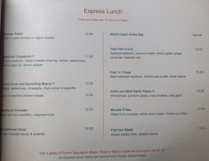 Sole Seafood and Grill Dublin Restaurant review by Melanie May. The express lunch menu.