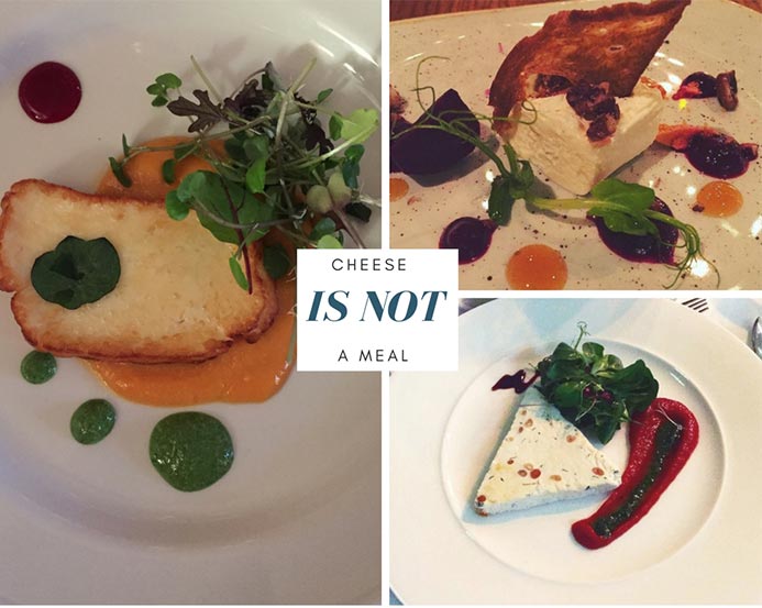 A collage of photos showing plates of cheese. A plate of cheese is not a meal.