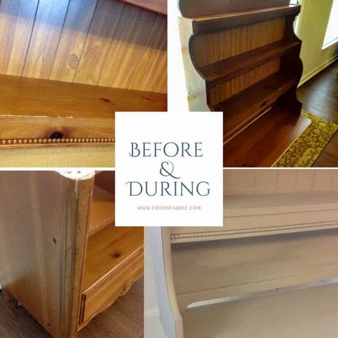 DIY Plaster Paint recipe before and after on wood upcycled desks hutch, collage