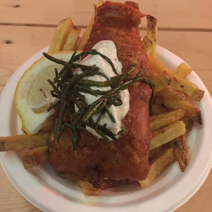 A plate of vegan, plant-based 'fish' and chips from Veginity in Dublin.