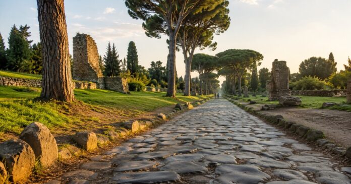 Via Appia Antica con basoli romani e pini