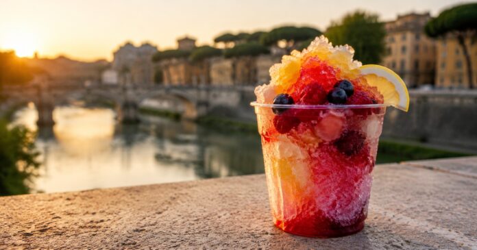 Grattachecca romana con ghiaccio, frutta e sciroppi sul lungotevere