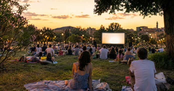 Cinema all'aperto in un parco romano al tramonto