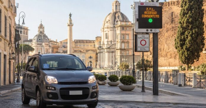 Auto autorizzata davanti a un varco ZTL di Roma