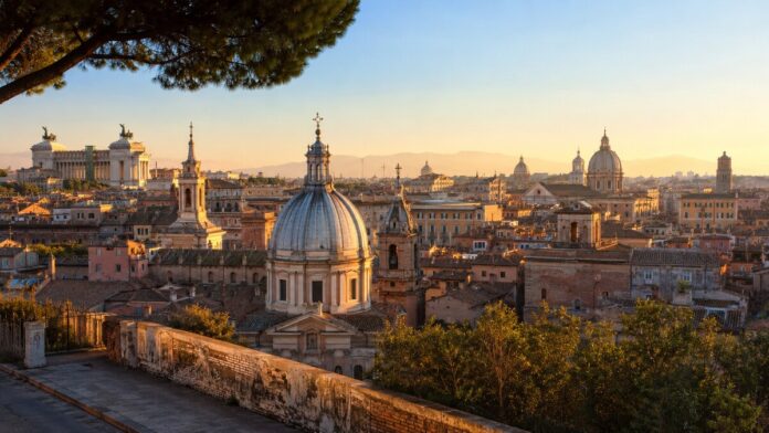 Panorama di Roma al tramonto con cupole e monumenti storici