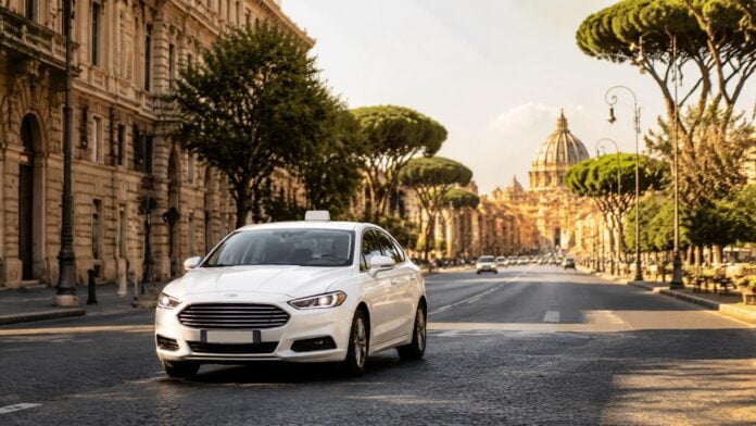 Taxi bianco in una strada di Roma, piano Roma Taxi 2030