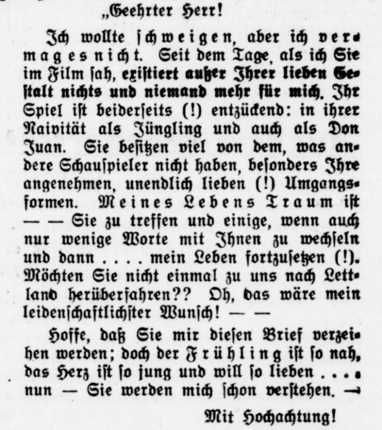 Leserbrief in Welt am Sonnabend, 1935