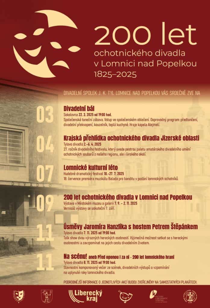 Plakát k oslavám 200 let ochotnického divadle v Lomnici nad Popelkou 1825–2025