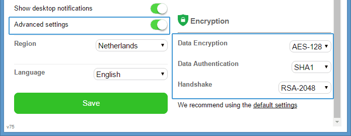 Private Internet Access encryption settings