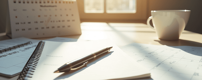 A journal, pen, coffee, and calendar on a tidy desk, representing planning for success.