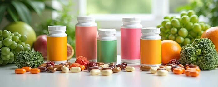 Colorful assortment of premium nutraceutical supplement bottles on a clean table with leafy greens and fruits, in a bright, inviting setting.