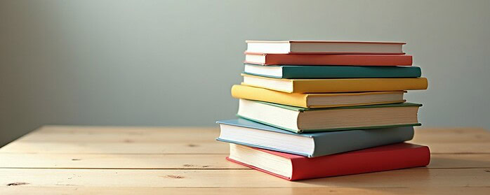 A stack of colorful books arranged on a simple wooden table with natural light and subtle background.