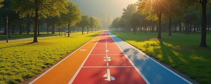 Colorful running track with scenery, no humans