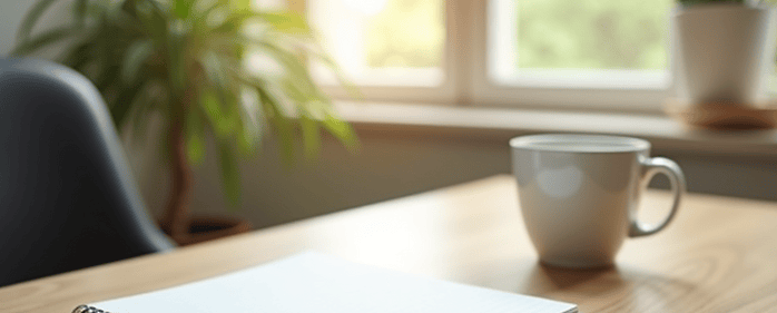 A simple desk workspace with a notepad, pen, and a coffee mug near a window with soft morning light.