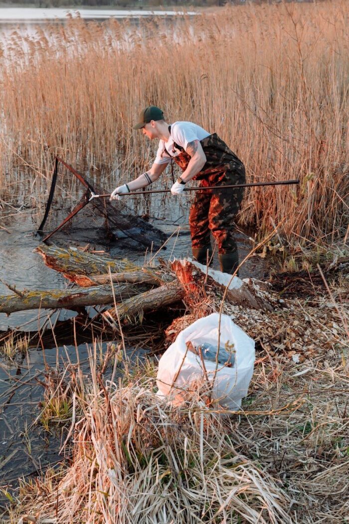 A dedicated volunteer uses a net to clean trash from a riverbank, promoting environmental conservation.