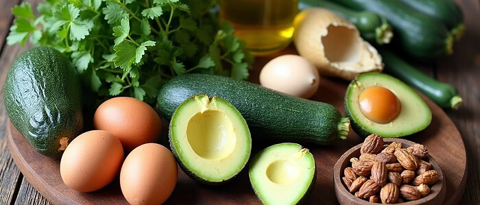 A variety of colorful, fresh keto ingredients like avocados, zucchini, eggs, olive oil, and nuts, displayed on a rustic wooden table.