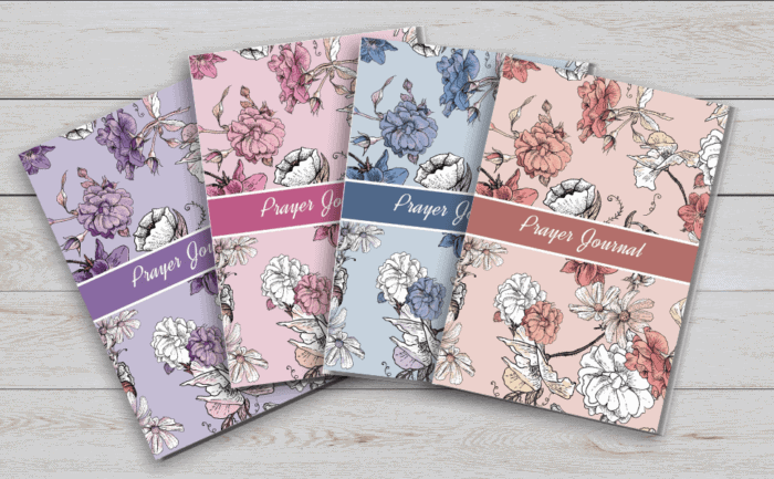 Four floral-themed prayer journals in pastel colors, including purple, pink, blue, and peach, with elegant flower patterns.