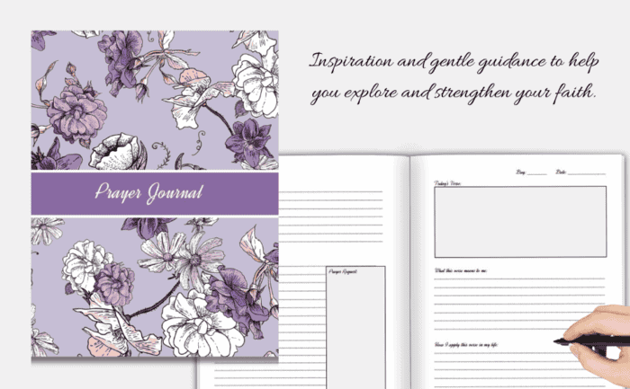 Purple floral prayer journal with the text 'Prayer Journal' in white lettering, shown alongside open pages for guided writing and reflection.