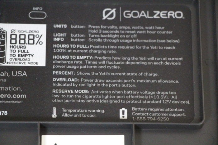 information found on the lid of the yeti power station