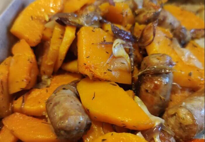 Potiron aux oignons et à la saucisse