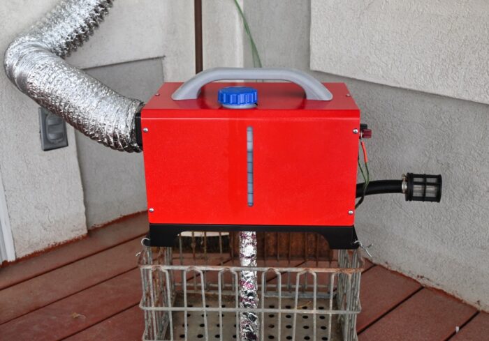 vevor portable diesel heater being used for emergency home heating