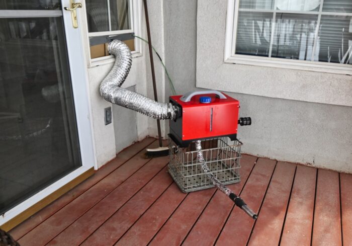 portable diesel heater being used to heat house during a power outage