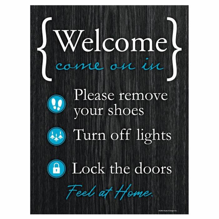 White woodgrain/ Blue Icons - Welcome Sign