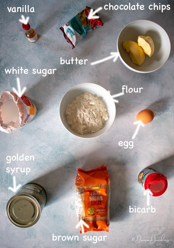 Ingredients for chewy chocolate chip cookies in labelled picture