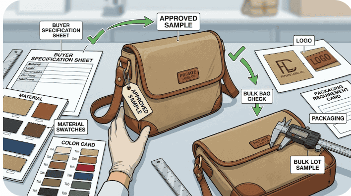 approved private label bag sample and buyer specification used as the quality control reference before checking bulk bags
