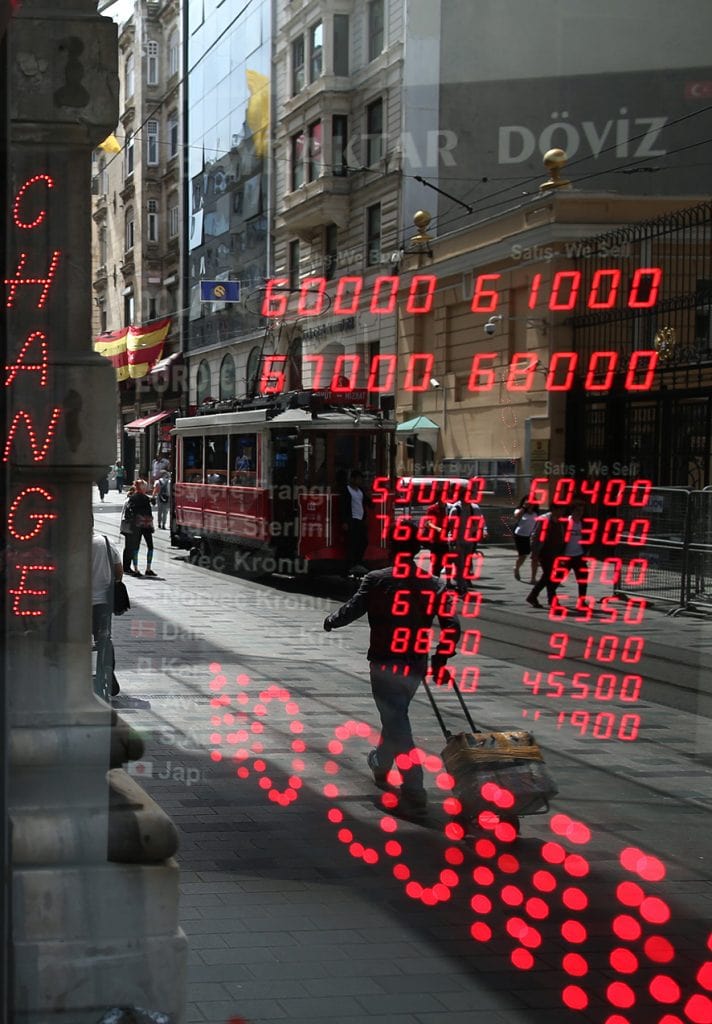 currency board at exchange office in Istanbul, Turkey, 22 May 2019. according to media reports, The lira fell to a 6.10per dollar after the Turkish authorities instructed banks to limit the settlement of some purchases of foreign exchange, as well the Political tensions between the United States and Turkey have helped cause turmoil in the currency market and the economy. EPA/ERDEM SAHIN