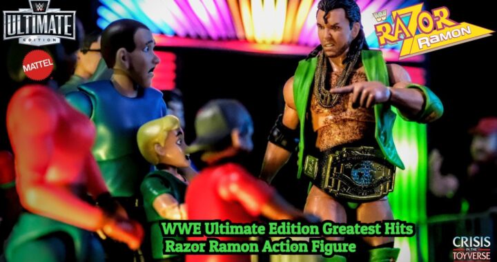WWE Ultimates Razor Ramon Mattel action figure in green attire with Intercontinental Championship – toy photography review