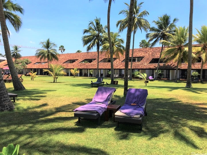 two sunbeds on the lawn with sloped roof luxury hotel in bentota