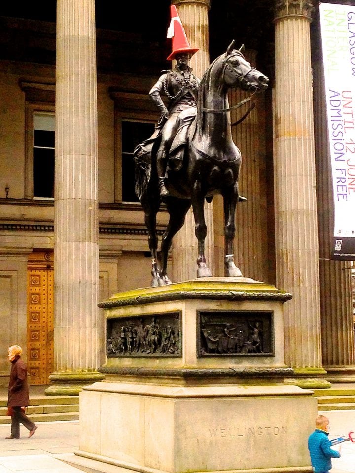 Wellington outside Museum of Modern Art, Glasgow - with a traffic cone on his head