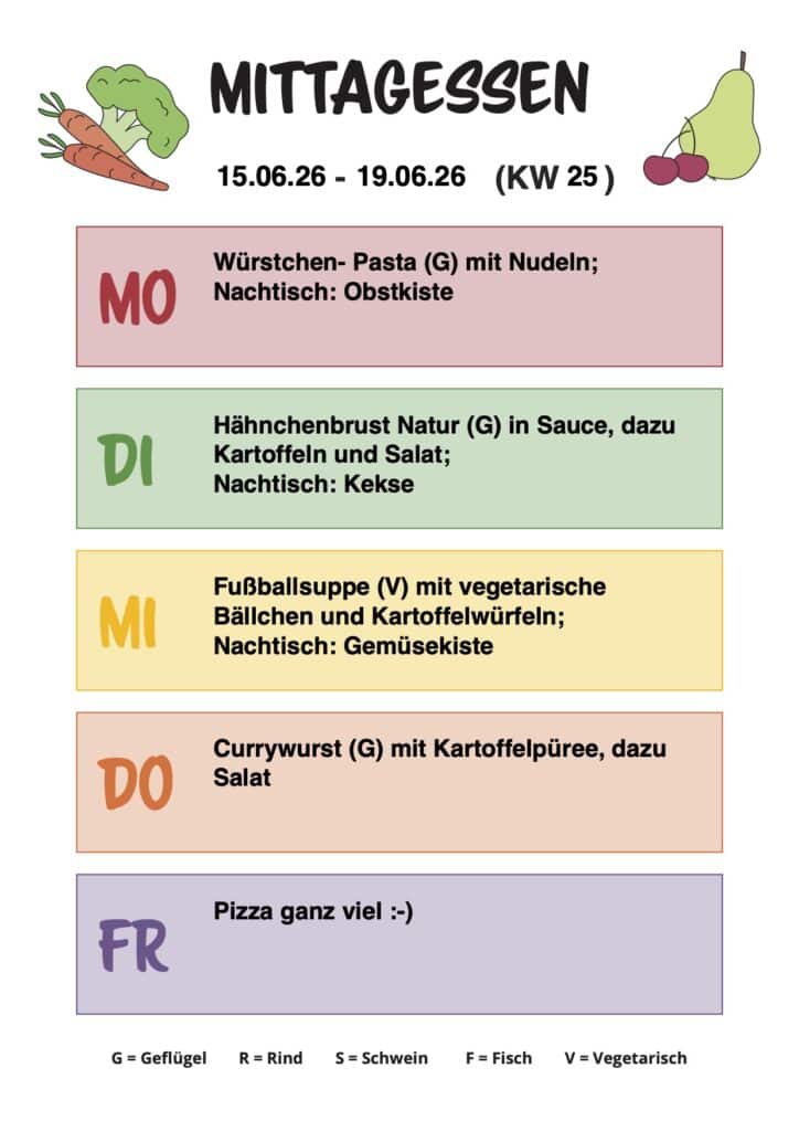 MITTAGESSEN 15.06.26 - 19.06.26 (KW 25) Montag: Würstchen- Pasta (G) mit Nudeln; Nachtisch: Obstkiste Dienstag: Hähnchenbrust Natur (G) in Sauce, dazu Kartoffeln und Salat; Nachtisch: Kekse Mittwoch: Fußballsuppe (V) mit vegetarische Bällchen und Kartoffelwürfeln; Nachtisch: Gemüsekiste Donnerstag: Currywurst (G) mit Kartoffelpüree, dazu Salat Freitag: Pizza ganz viel :-)