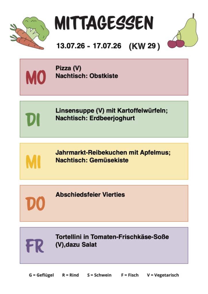 MITTAGESSEN 13.07.26 - 17.07.26 (KW 29) Montag: Pizza (V) Nachtisch: Obstkiste Dienstag: Linsensuppe (V) mit Kartoffelwürfeln; Nachtisch: Erdbeerjoghurt Mittwoch: Jahrmarkt-Reibekuchen mit Apfelmus; Nachtisch: Gemüsekiste Donnerstag: Abschiedsfeier Vierties Freitag: Tortellini in Tomaten-Frischkäse-Soße (V), dazu Salat