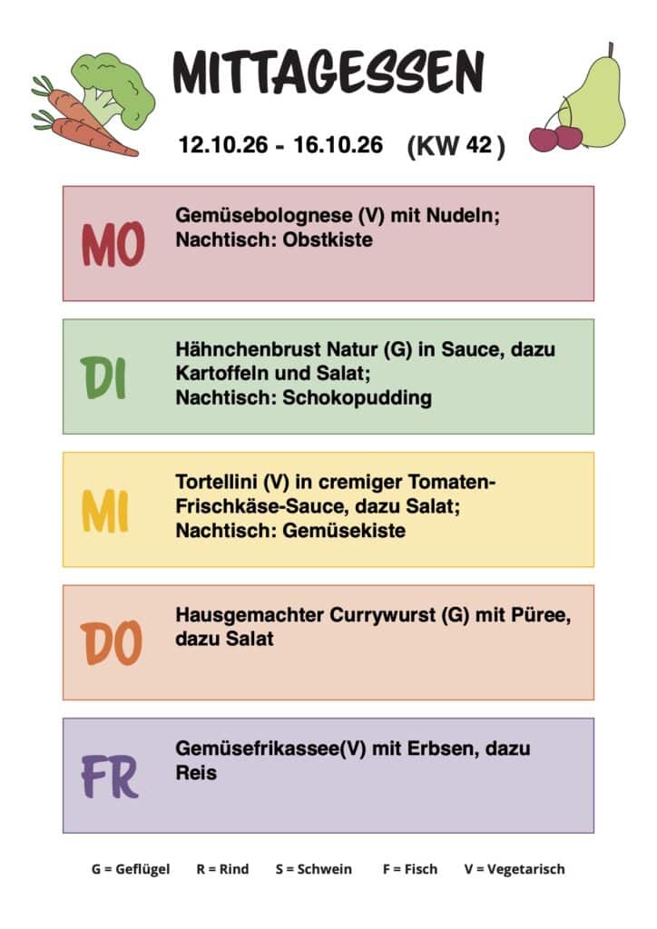 MITTAGESSEN 12.10.26 - 16.10.26 (KW 42) Montag: Gemüsebolognese (V) mit Nudeln; Nachtisch: Obstkiste Dienstag: Hähnchenbrust Natur (G) in Sauce, dazu Kartoffeln und Salat; Nachtisch: Schokopudding Mittwoch: Tortellini (V) in cremiger Tomaten-Frischkäse-Sauce, dazu Salat; Nachtisch: Gemüsekiste Donnerstag: Hausgemachter Currywurst (G) mit Püree, dazu Salat Freitag: Gemüsefrikassee(V) mit Erbsen, dazu Reis