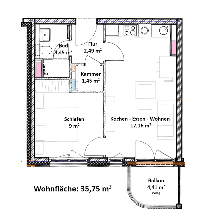 Beispielgrundriss einer Zweizimmer-Wohnung mit 35 m² im Projekt „Wohnen am Filmpark Babelsberg“ für das am 20. Mai 2026 der Grundstein gelegt wurde. © KW-Development