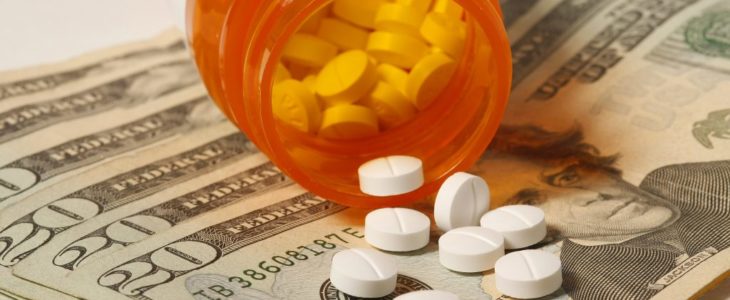 A bottle have many tablets of medicine and US dollars.