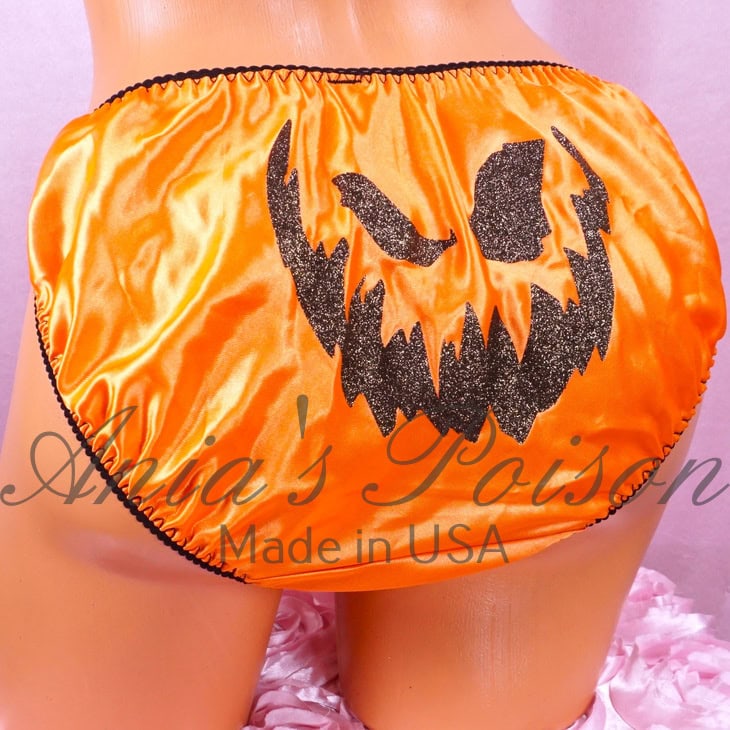 Ania's Sissy Satin string bikini Stiff Orange Glitter Jack-o-lantern wetlook men's panties sz XXL