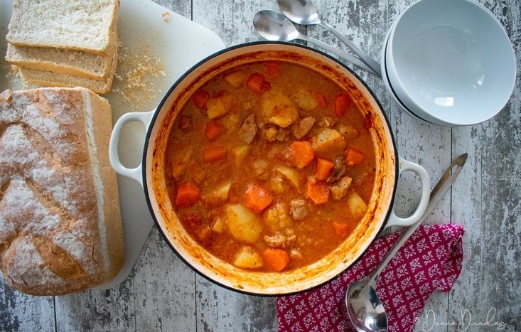 Pork Stew in cast-iron dish.