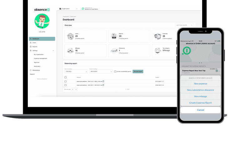 La aplicación de informes de gastos de viaje de absence.io en un MacBook y un iPhone.