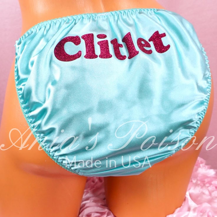 Ania's Sissy Satin string bikini Seafoam Pink Glitter Text shiny wetlook men's panties sz XL