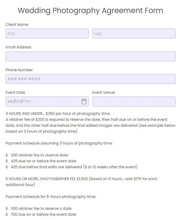 wedding photography agreement form