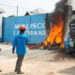 Congolese protesters set up a fire barricade outside a United Nations peacekeeping force's warehouse in Goma in the North Kivu province of the Democratic Republic of Congo July 25, 2022. REUTERS/Arlette Bashizi