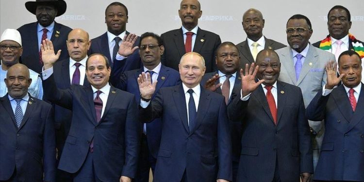Russian president Vladimir Putin and African leaders at the 2019 Russia-Africa Summit and Economic Forum in Sochi in 2019